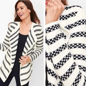 Talbots Stripe Open Cardigan Size L White Black Textured Cotton Old Money Yacht